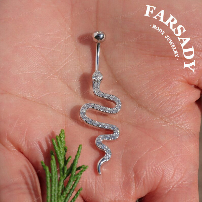 14G Sterling Silver Snake Belly Button Ring - S925 Clear CZ 6mm 8mm 10mm 12mm Navel Body Piercing Jewelry - Minimalist Body Jewelry