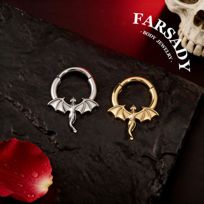 Flying Dragon - 316L Hinged Clicker Hoop / Fits 16G Septum Ring Helix Conch Cartilage Earring