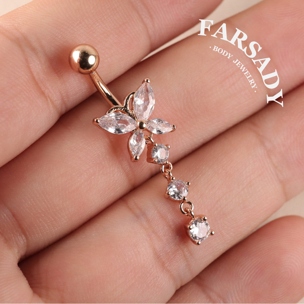 Butterfly Glimmer Trail - CZ Dangle Belly Button Ring / Fits 14G Navel Piercing