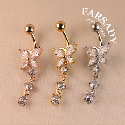 Butterfly Glimmer Trail - CZ Dangle Belly Button Ring / Fits 14G Navel Piercing