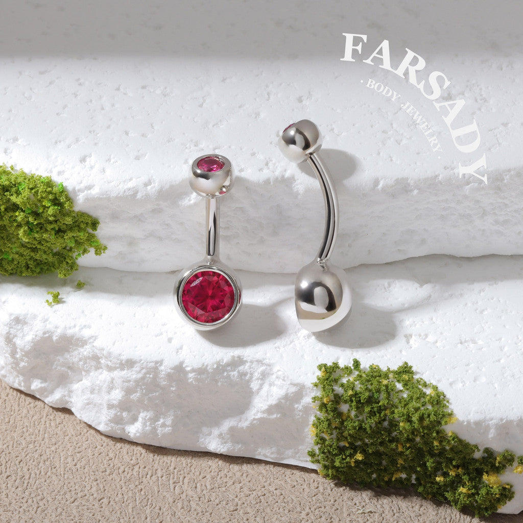 Crimson Twin Gem - 925 Silver Red CZ Belly Button Ring / Fits 14G Navel Piercing