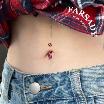 Crimson Twin Gem - 925 Silver Red CZ Belly Button Ring / Fits 14G Navel Piercing