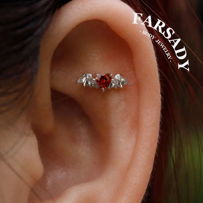 Crimson Heartwing - 925 Silver Threadless Stud / Fits Cartilage Helix Tragus Lobe Earring