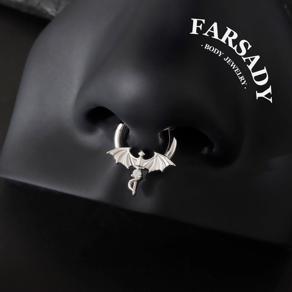 Winged Dagger - Dragon Wing CZ Hinged Clicker Hoop / Fits 16G Septum Ring Helix Conch Daith Earring
