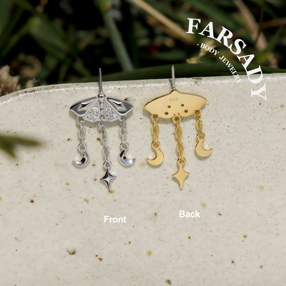 Lunar Moth - 925 Silver Threadless Stud / Fits Vertical Helix Hidden Rook Earring