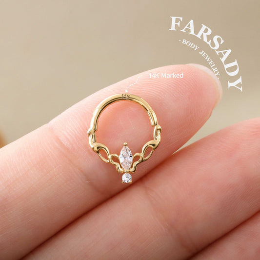 Ivy Halo - Solid 14K Gold Hinged Clicker Hoop / Fits 16G Septum Ring Helix Conch Cartilage Earring