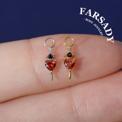 Crimson Blade Talisman - 925 Sterling Silver Red CZ Heart Dangle Charm / Interchangeable Hoop Earring Pendant for Helix Daith Cartilage Piercing