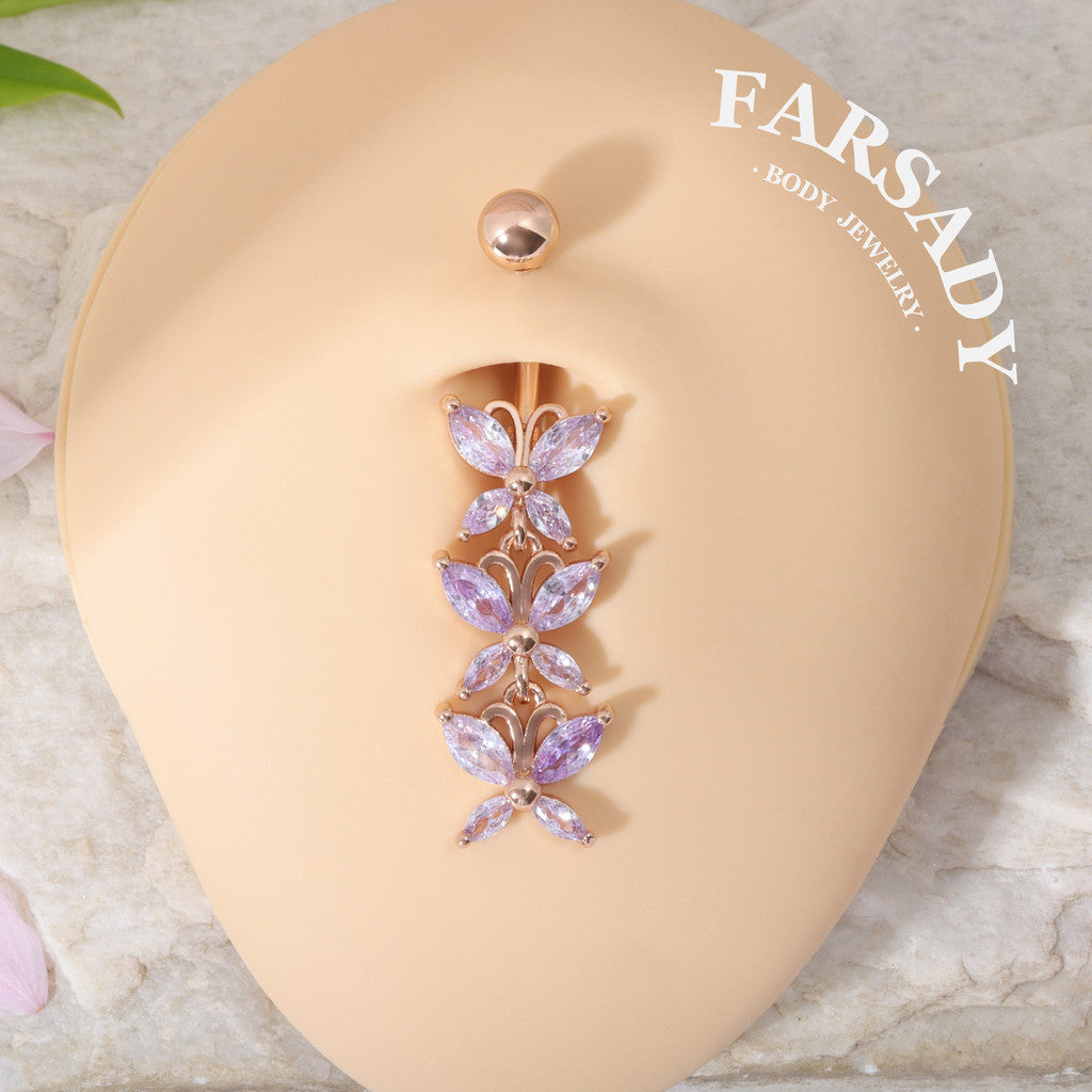 Lavender Butterfly Drift - 316L Purple CZ Belly Button Ring / Fits 14G Navel Piercing