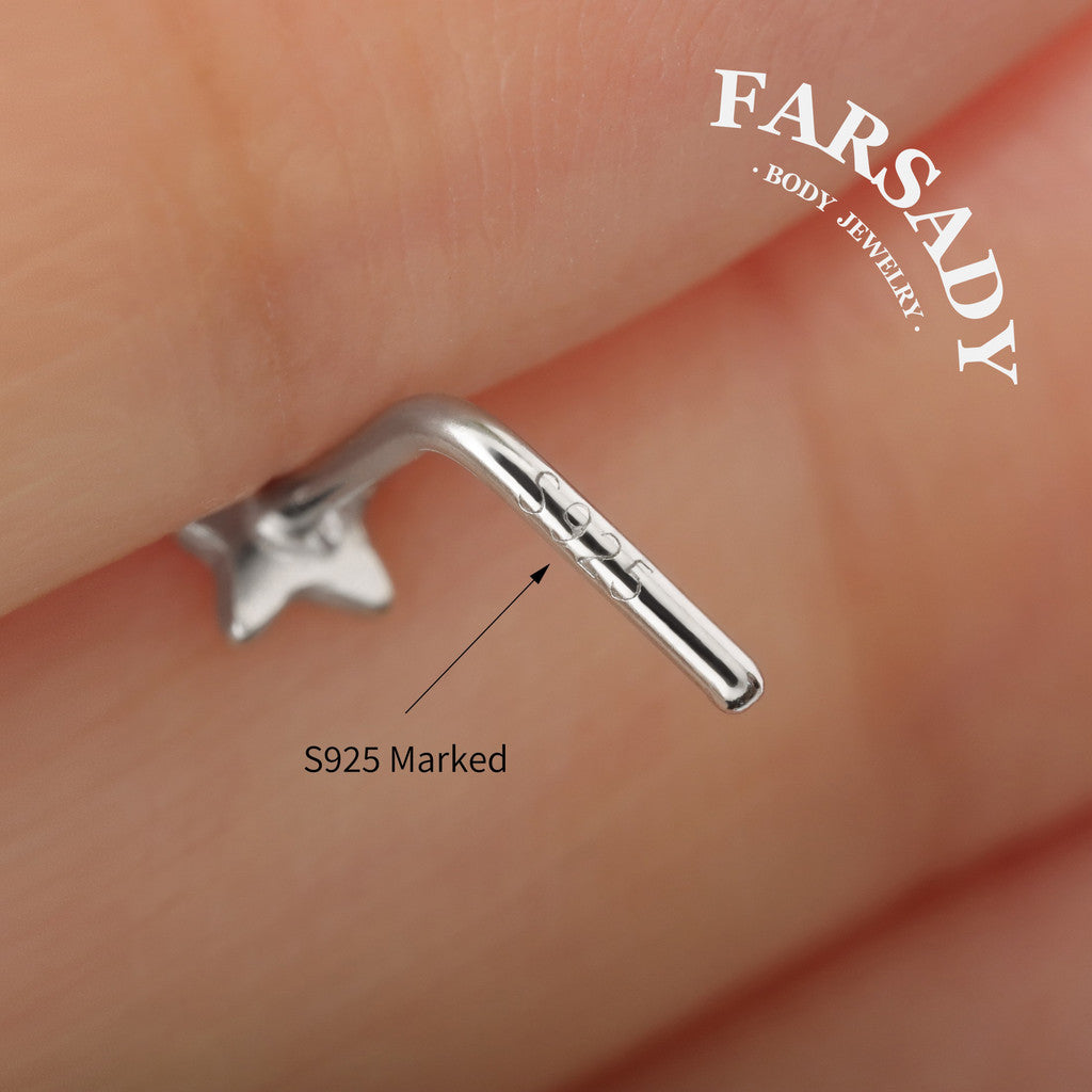 Plain Silver Star - 925 Silver L-Shape Nose Stud / Fit 18G 20G Nose Ring