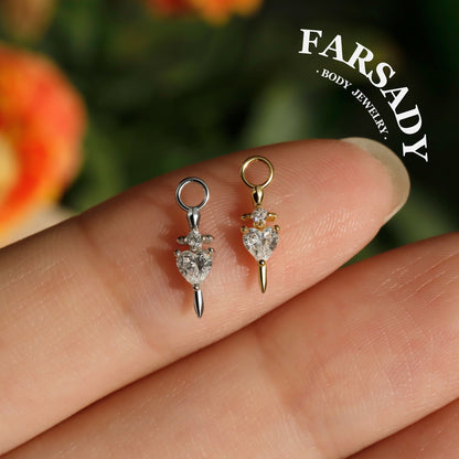 Pierced Heart Blade - 925 Silver Heart CZ Heart Dangle Charm / Interchangeable Hoop Earring Pendant for Helix Daith Cartilage Piercing