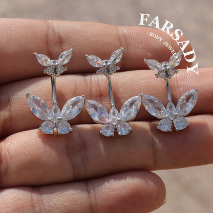 Twin Butterfly Echo - 925 Silver Clear CZ Belly Button Ring / Fits 14G Navel Piercing