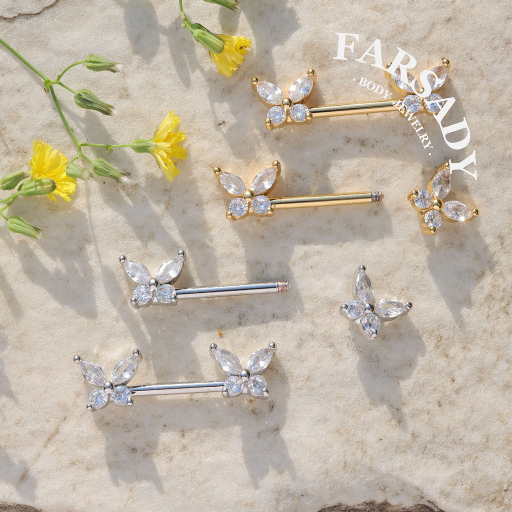 Crystal Butterfly - 2PCS Clear CZ Straight Barbell / Fits 16G Chest Piercing Nose Bridge