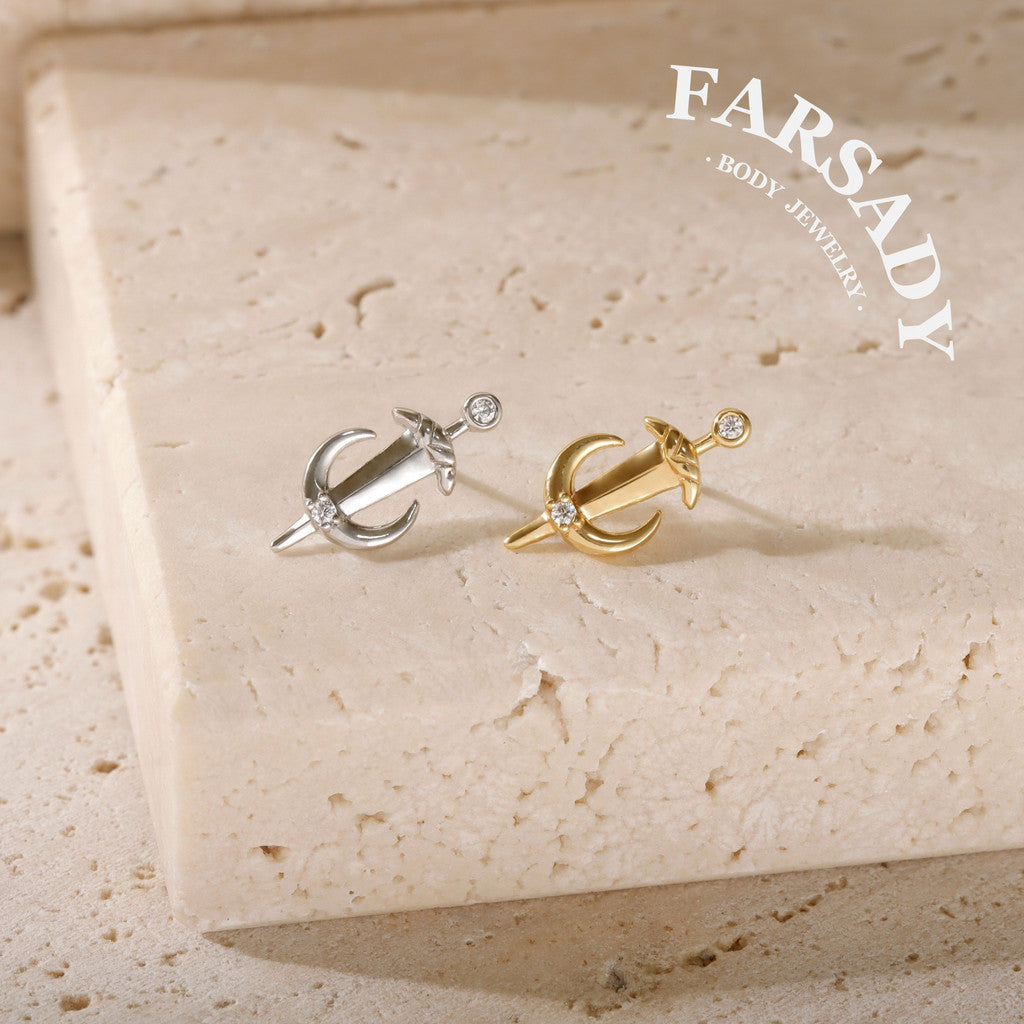 Moon Dagger - 925 Silver Threadless Stud / Fits Cartilage Helix Tragus Lobe Nostril Piercing