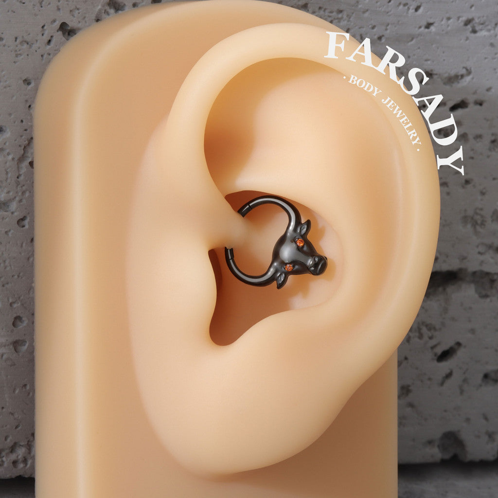 Bull Crest - F136 Titanium Hinged Clicker Hoop / Fits 16G Septum Ring Helix Conch Cartilage Earring