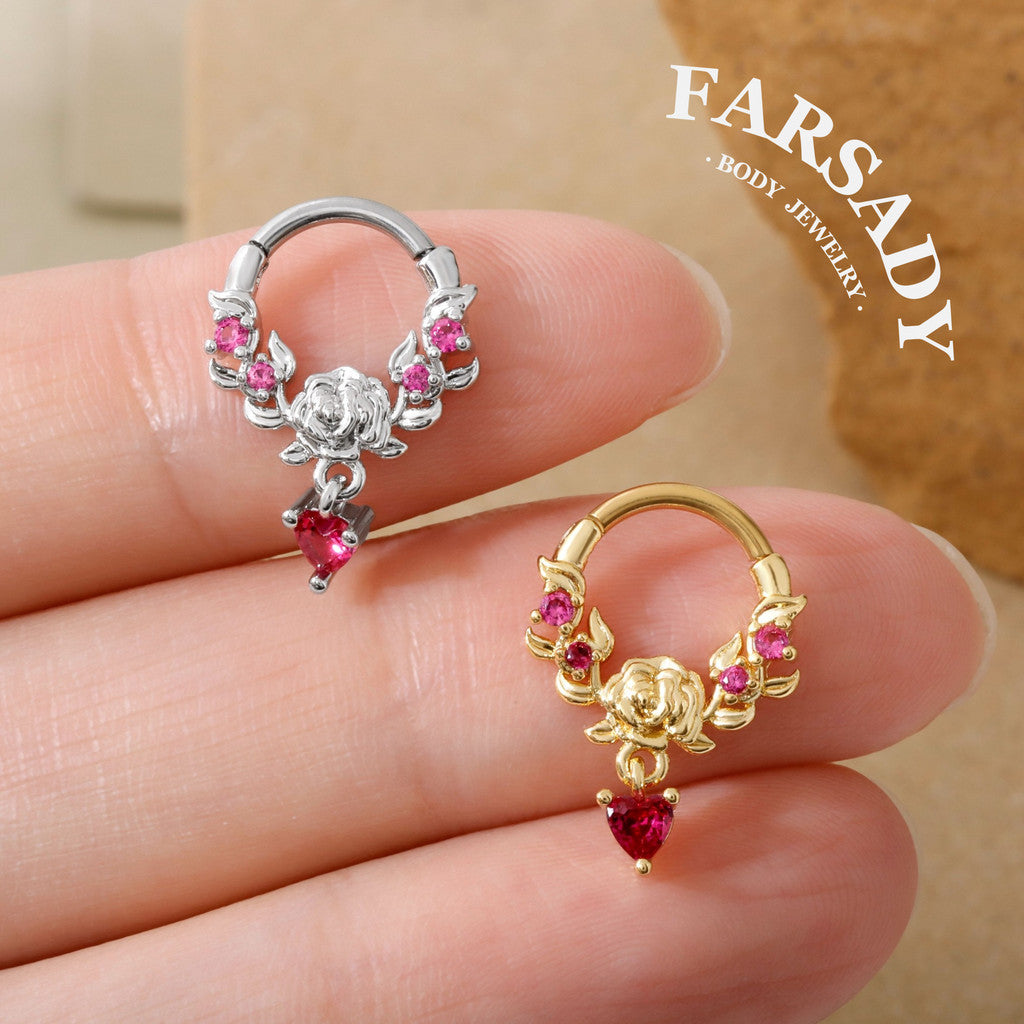 Rose Vow - 316L Hinged Clicker Hoop / Fits 16G Septum Ring Helix Conch Cartilage Earring