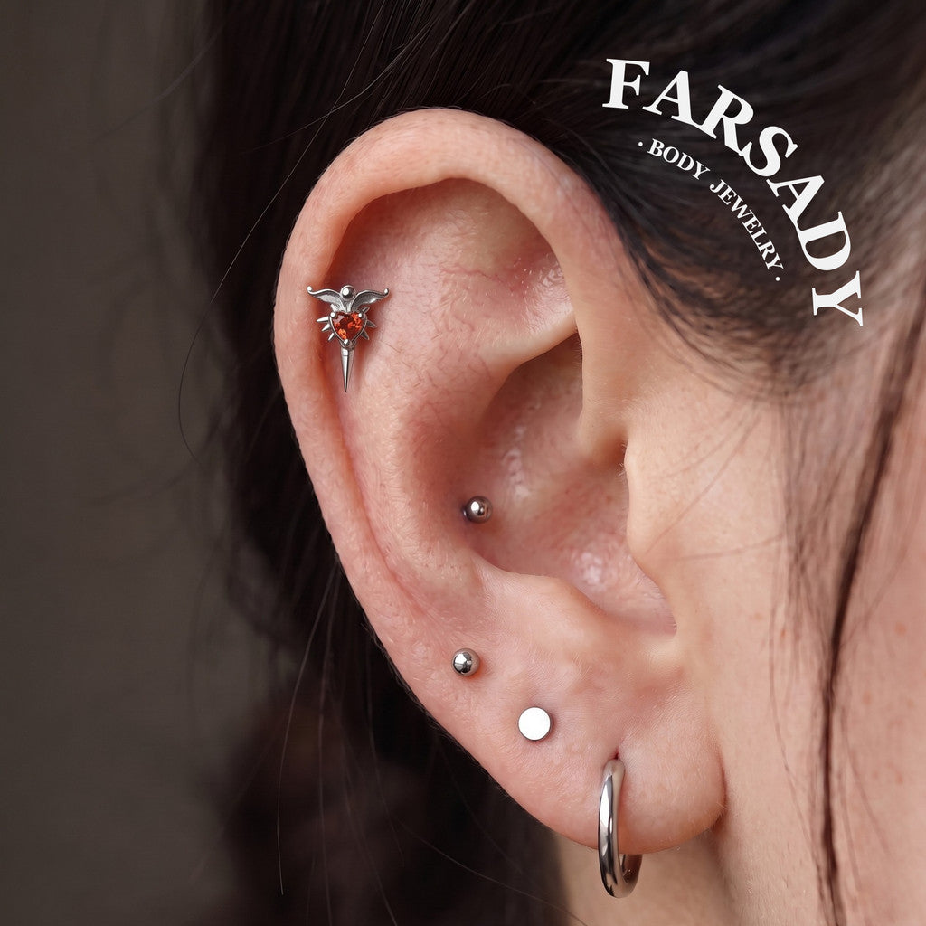 Scarlet Wingthor - 925 Silver Threadless Stud / Fits Cartilage Helix Tragus Lobe Nostril Piercing
