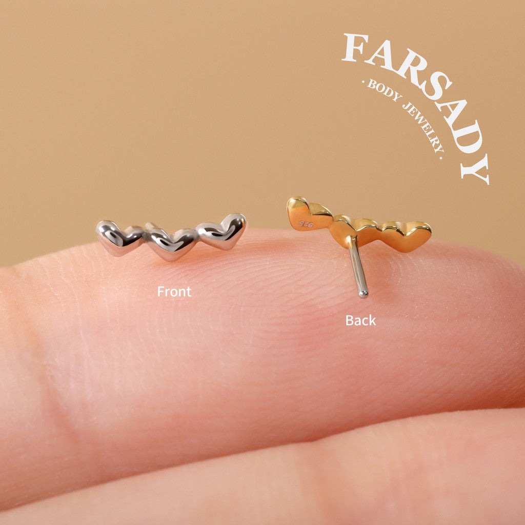 Triple Hearts - 925 Silver Threadless Stud / Fits Cartilage Helix Tragus Lobe Nostril Piercing