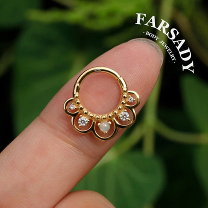 16G Nature Opal Flower Septum Ring,Real Opal Hinged Septum Clicker,925 Sterling Silver Plated 18k Gold,Gold Daith Earring Hoop,Helix Tragus Hoop