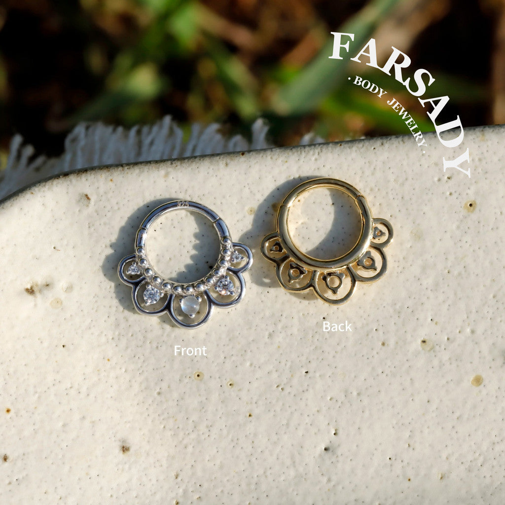 16G Sterling Silver Moonstone Flower Septum Ring, Moissanite Hinged Septum Clicker,925 Sterling Silver Plated 18k Gold,Gold Daith Earring Hoop,Helix Tragus Hoop