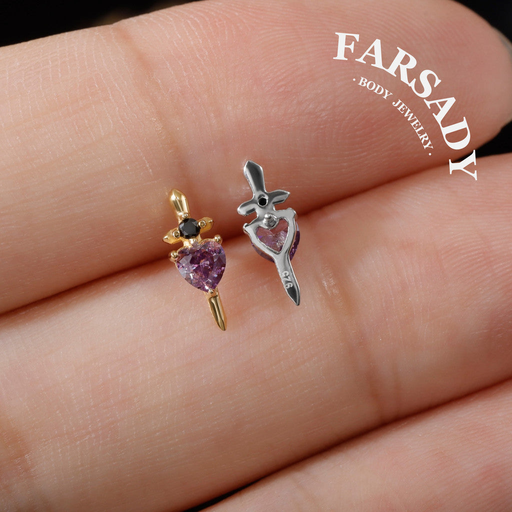 Mystic Amethyst Blade - Sterling Silver Push In Stud / Fits Cartilage Helix Tragus Earring  Nose Stud / Threadless Flat Back Piercing, Hypoallergenic Jewelry for Sensitive Skin