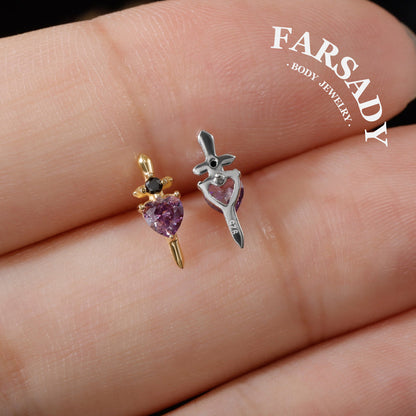Mystic Amethyst Blade - Sterling Silver Push In Stud / Fits Cartilage Helix Tragus Earring  Nose Stud / Threadless Flat Back Piercing, Hypoallergenic Jewelry for Sensitive Skin