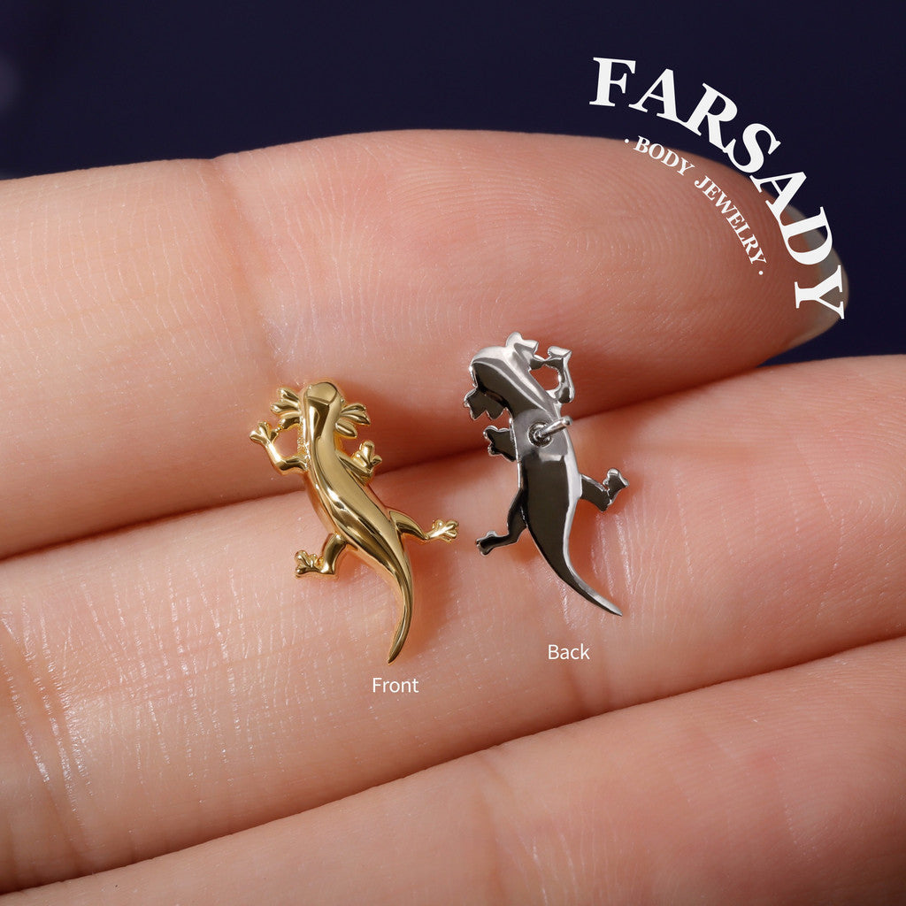 Axolotl Threadless Push In Helix Earring| 18K Gold Plated Sterling Silver Flat Back Labret| Tragus Helix Conch Nose Stud,Bio-inspired design