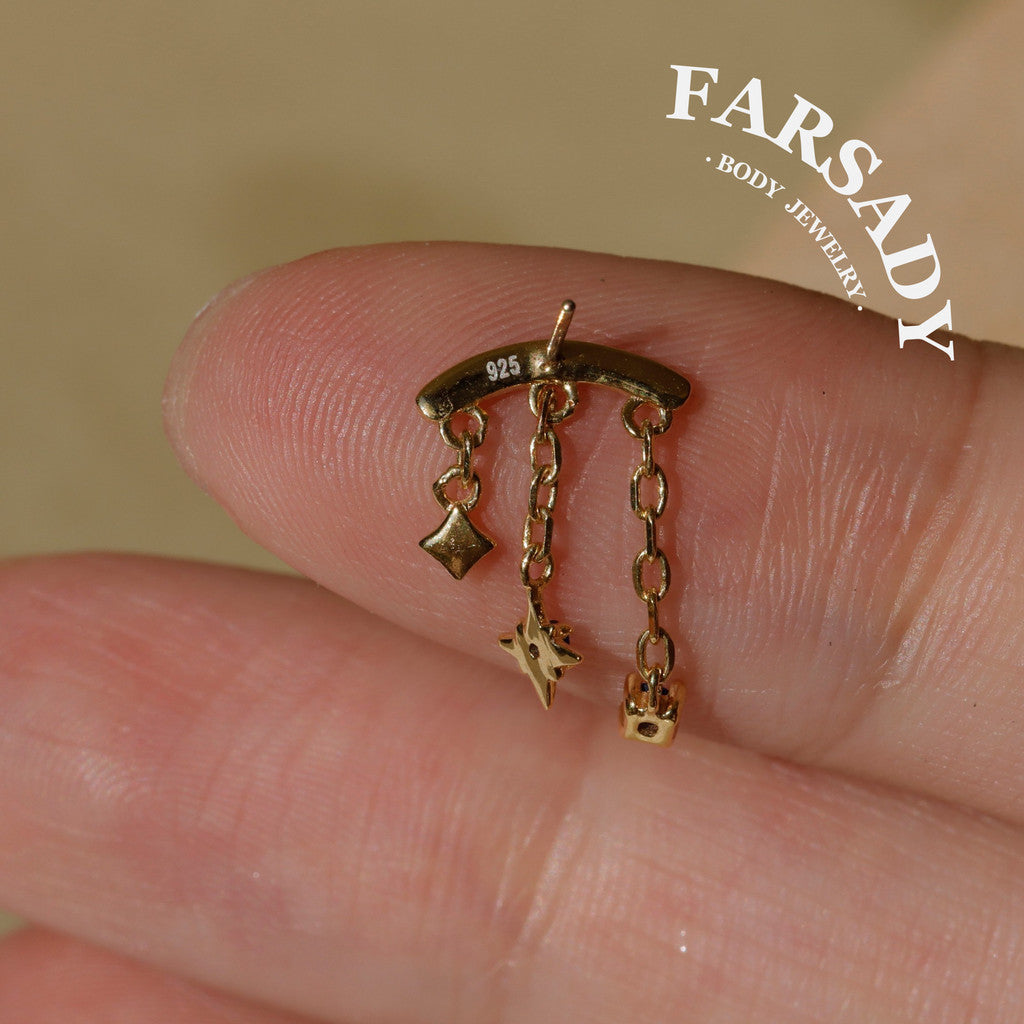 Solid 925 Sterling Silver Helix Chain Earring, 18K Gold Plated Blue CZ Star Dangle, Threadless Push In Hidden Rook Stud Piercing Jewelry
