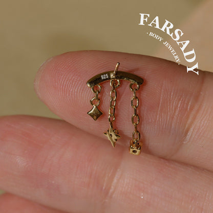 Solid 925 Sterling Silver Helix Chain Earring, 18K Gold Plated Blue CZ Star Dangle, Threadless Push In Hidden Rook Stud Piercing Jewelry