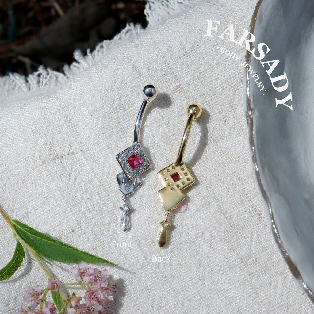 14G Belly Button Ring – 925 Silver 18K Gold Plated| Pink CZ Amulet Belly Ring Dangle Bar| Hypoallergenic Navel Piercing Jewelry| Waterproof
