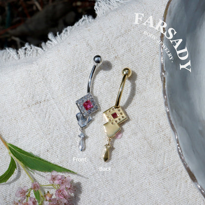 14G Belly Button Ring – 925 Silver 18K Gold Plated| Pink CZ Amulet Belly Ring Dangle Bar| Hypoallergenic Navel Piercing Jewelry| Waterproof