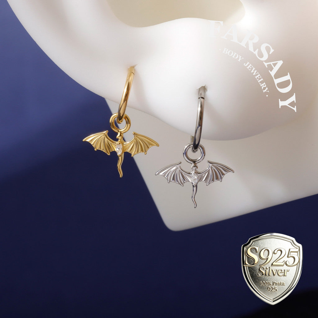 Fly Dragon White CZ Drop Hoop Earring Charm in Sterling Silver, Lobe/ Helix/ Rook Conch Hoop Charm, Belly Ring Dangle, Customize your style