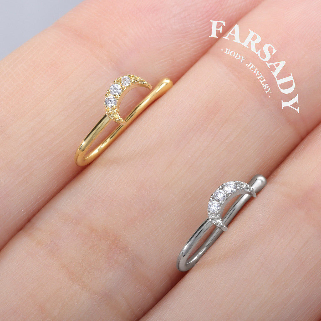Paved CZ Crescent Moon - 925 Silver Fake Nose Ring / Fit Non-Pierced Nose Ring