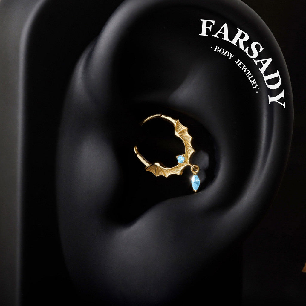 Frost Batwing - 925 Silver Hinged Clicker Hoop / Fits 16G Septum Ring Helix Conch Daith Earring