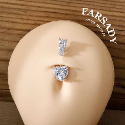 Triple Heart Gleam - 316L Clear CZ Belly Button Ring / Fits 14G Navel Piercing