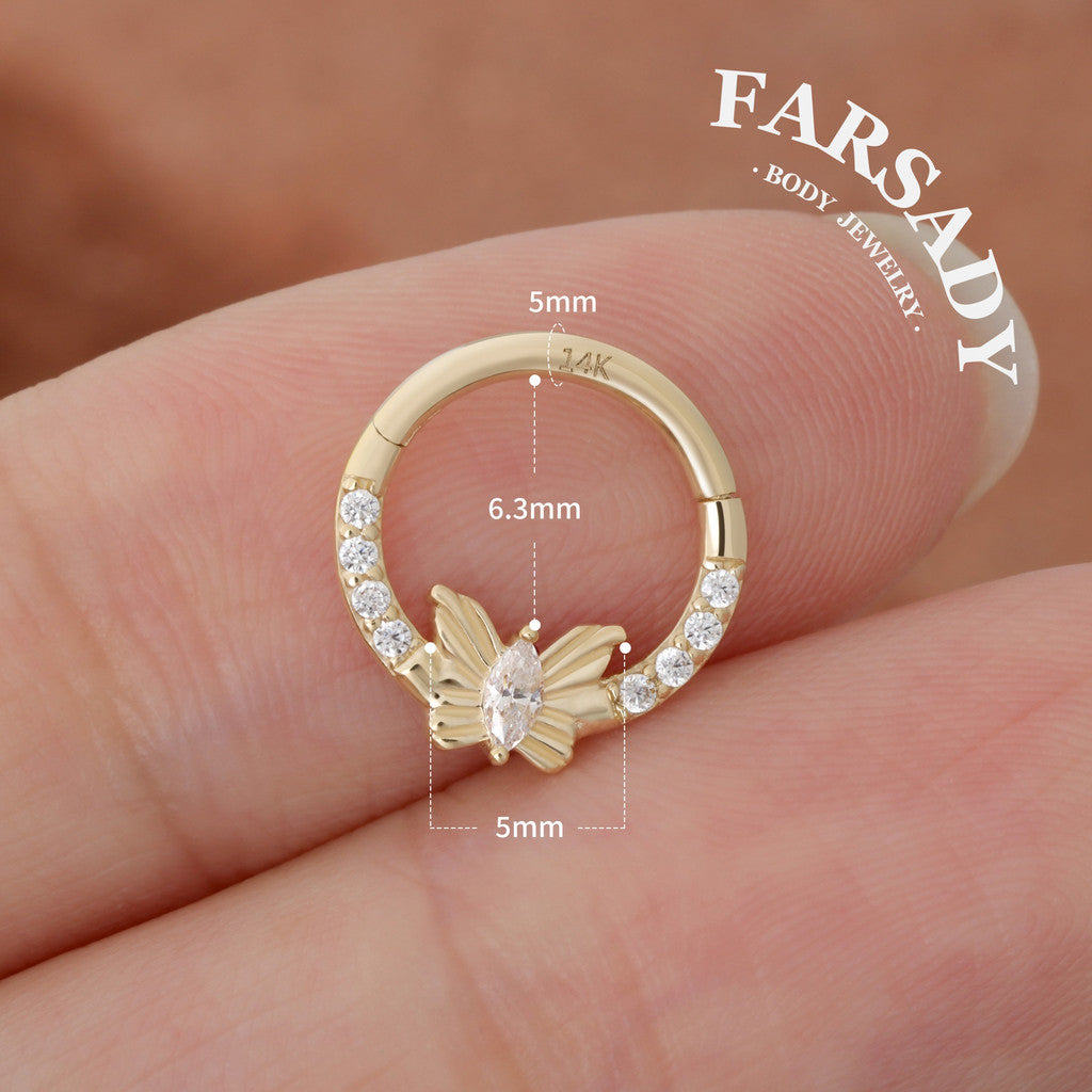 Butterfly Gleam - Solid 14K Gold Hinged Clicker Hoop / Fits 16G Septum Ring Helix Conch Cartilage Earring