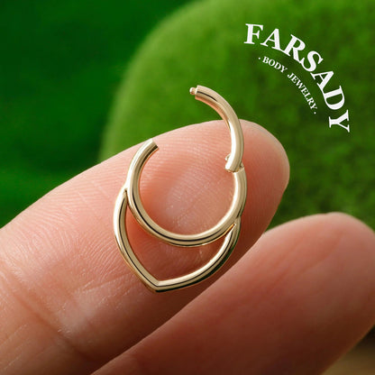 Nested Heart - Solid 14K Gold Hinged Clicker Hoop / Fits 16G Septum Ring Helix Conch Cartilage Earring