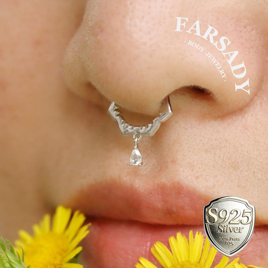 Sterling Silver  Dangle Flower Septum Ring/ Moissanite Septum Piercing Jewelry/ 16G Daith Hoop Earring/8mm Helix Tragus Cartilage Hoop Earring