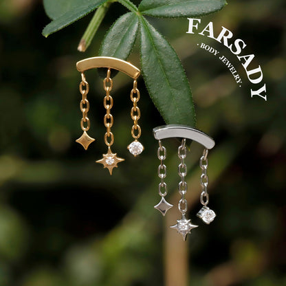 North Star Dangle Hidden Helix Threadless Earring, 316L Implant Steel Push in Stud, Flat Back Floating Helix Piercing Jewelry, 16G/18G/20G