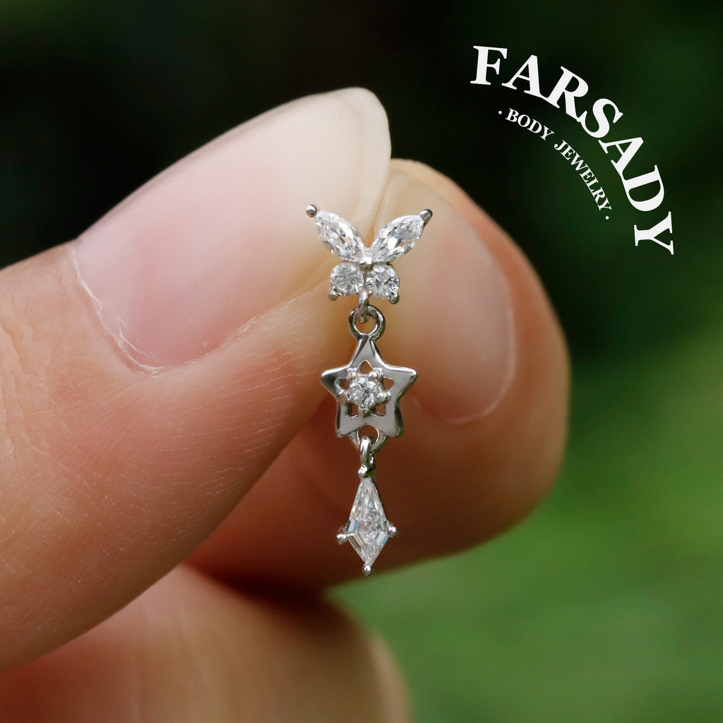 Sterling Silver Butterfly Dangle Cartilage Stud Earring • Threadless Push In Flat Helix Piercing Jewelry Flat  Back Earring Plated 18K Gold