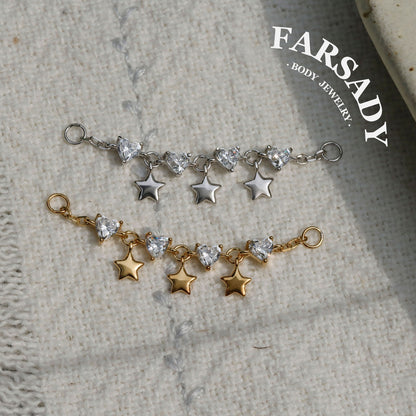 No Rules Star&Heart Chain Charm: Sterling Silver Helix Industril Conch Cartilage Wrap Chain, Dangle Nose Piercing DIY Chain Gold, 25mm 35mm