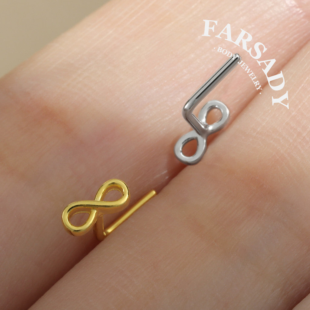 Gilded Infinity Knot - 925 Silver L-Shape Stud / Fit 20G Nose Ring