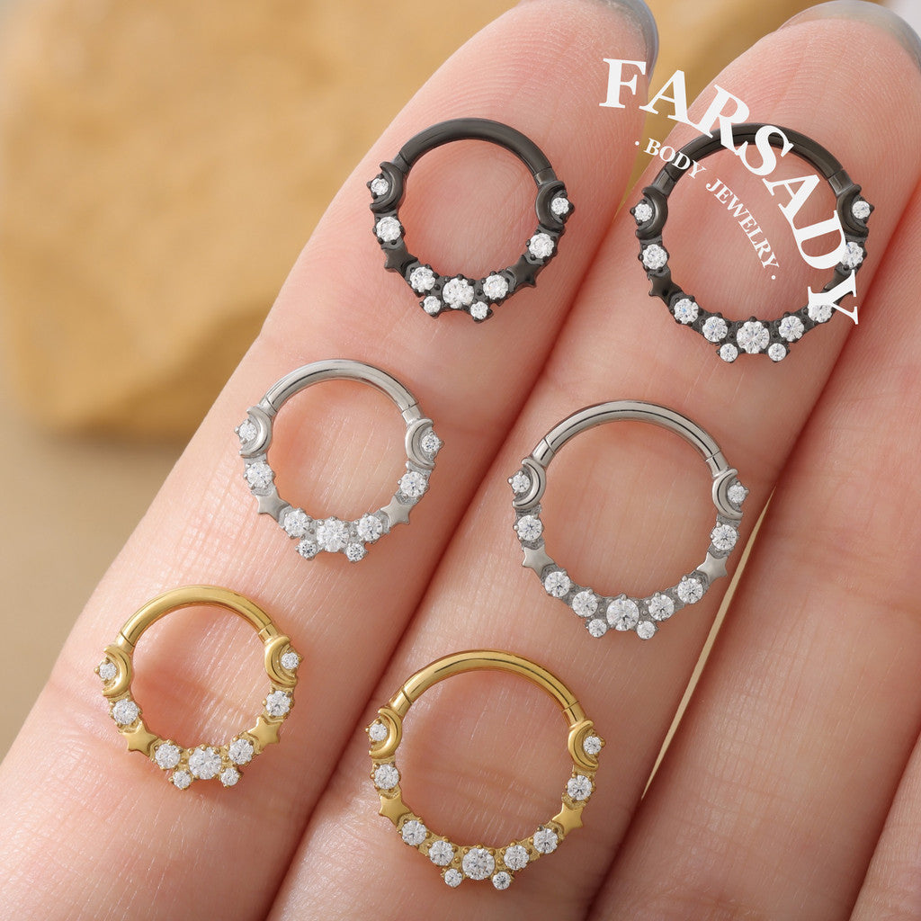 Lunar Constellation - F136 Titanium Hinged Clicker Hoop / Fits 16G Septum Ring Helix Conch Cartilage Earring