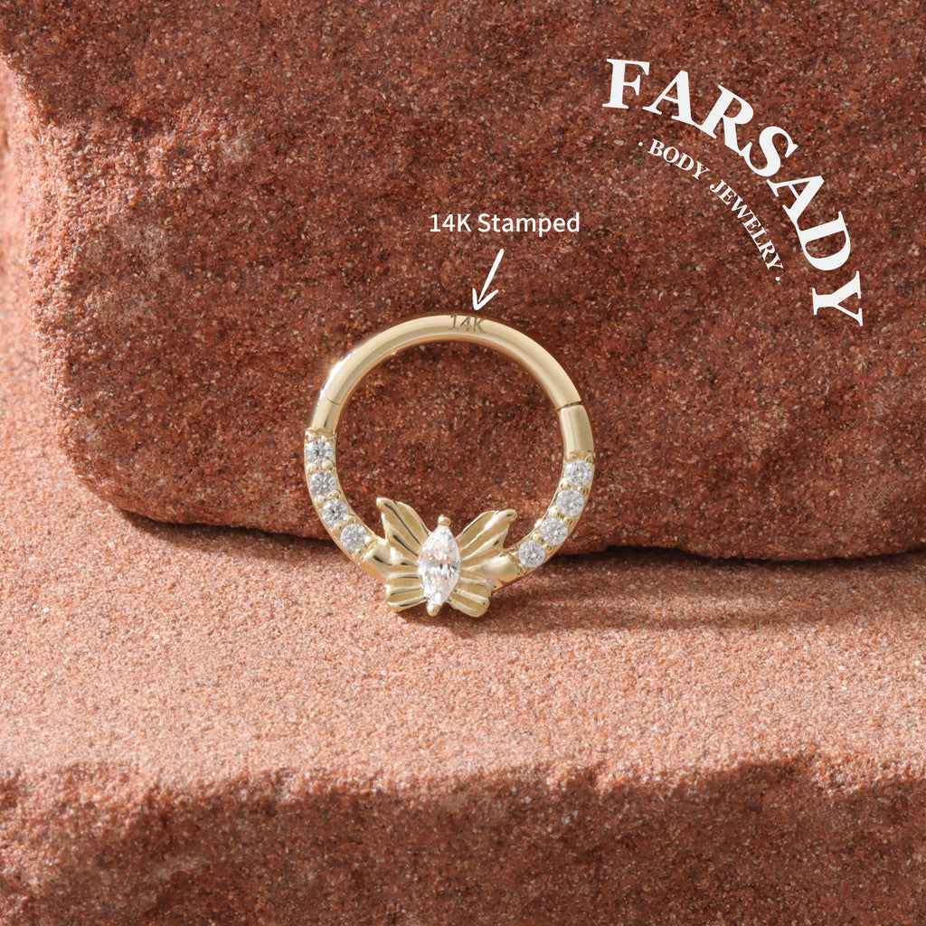 Butterfly Gleam - Solid 14K Gold Hinged Clicker Hoop / Fits 16G Septum Ring Helix Conch Cartilage Earring