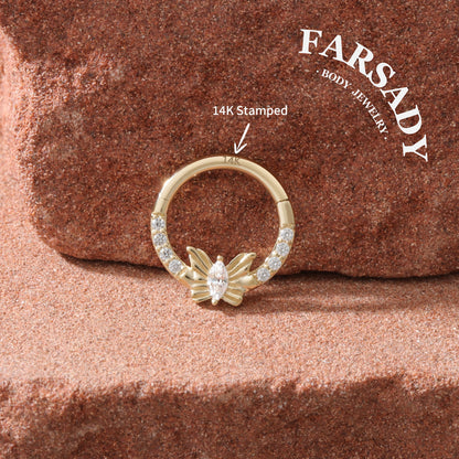 Butterfly Gleam - Solid 14K Gold Hinged Clicker Hoop / Fits 16G Septum Ring Helix Conch Cartilage Earring