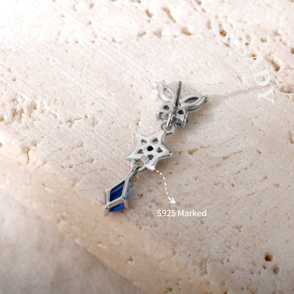 Sterling Silver Dangle Butterfly Threadless Push Pin • 925 Silver Star Shaped Cartilage Push Back Stud • Helix Flat Back Earlobe Piercing