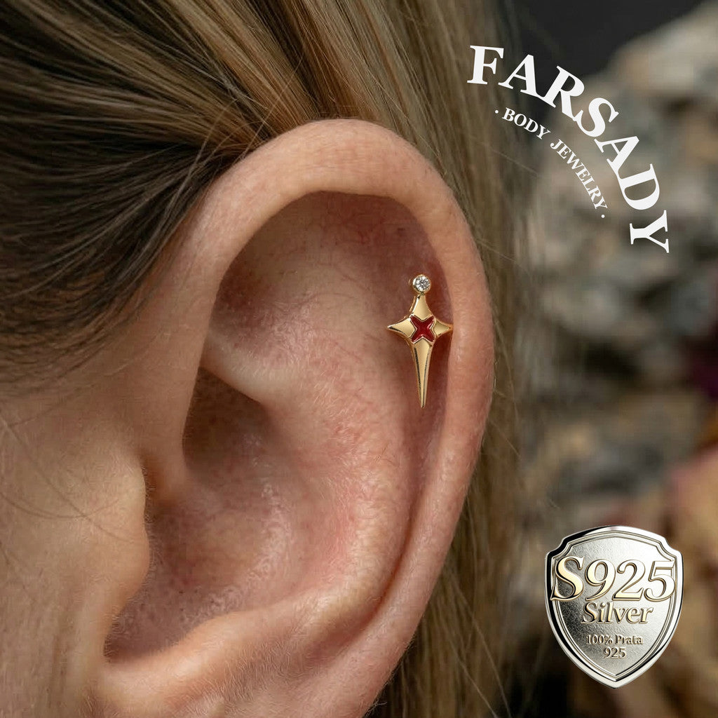 Sterling Silver Red X Threadless Labret, F136 Titanium Push Pin Stud, 925 Silver Gothic Earring, 16G 18G 20G Flat Back, Helix Tragus Conch Piercing Jewelry