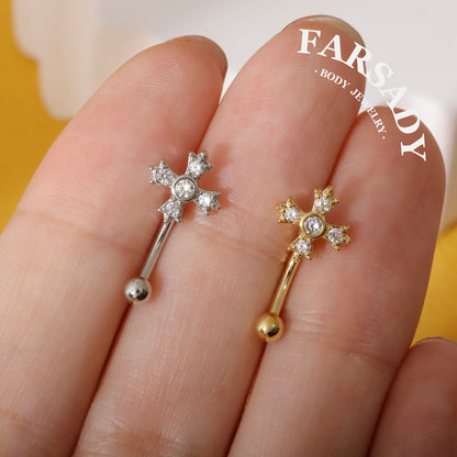 Four-Petal Star Cross - 316L Clear CZ Curved Barbell / Fits 16G Rook Daith Earring Lip Eyebrow Cartilage Piercing