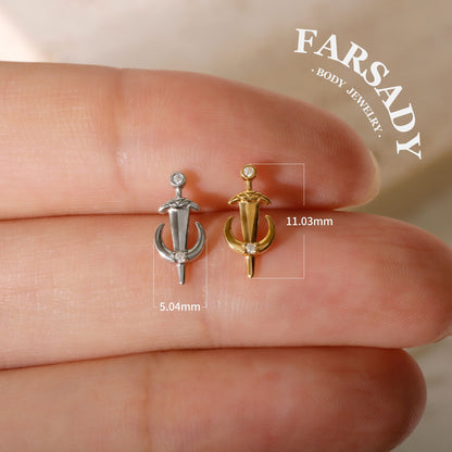 Moon Dagger - 925 Silver Threadless Stud / Fits Cartilage Helix Tragus Lobe Nostril Piercing