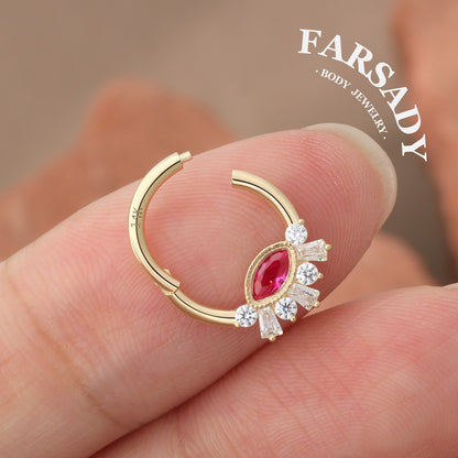 Crimson Iris - Solid 14K Gold Hinged Clicker Hoop / Fits 16G Septum Ring Helix Conch Cartilage Earring