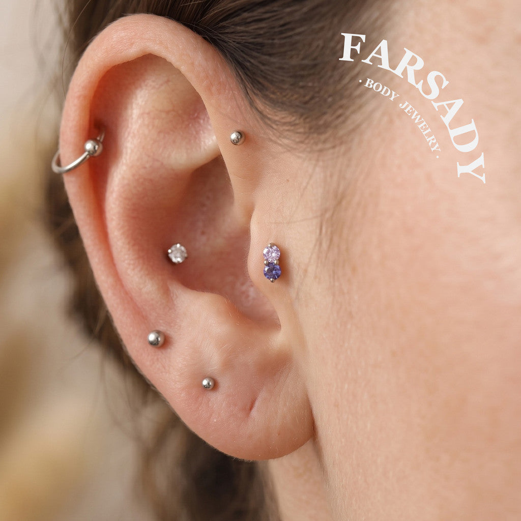 Vertical Twin Gem - F136 Titanium Internally Threaded Stud / Fits Cartilage Helix Tragus Lobe Nostril Piercing